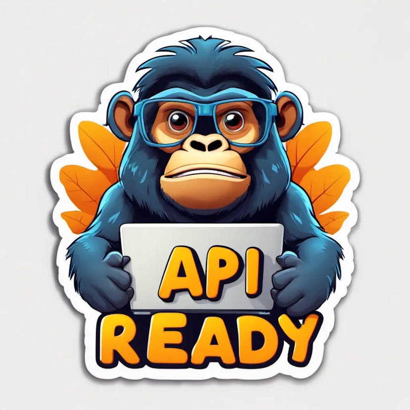 Sticker design, "API READY" typography, funny tshirt theme of a cartoon character of a little gorilla with eyeglasses coding on his laptop, white background, anime, illustration, 3d render