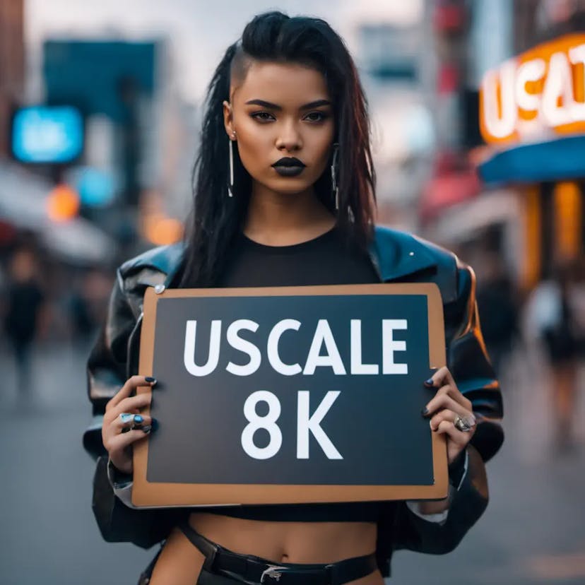 On the street cyberpunk hard rock 20 year old girl wearing black leather holding white board "Upscale 8K" written on it showing to everyone