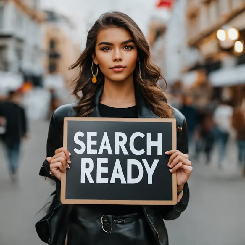 On the street girl wearing black leather holding white board "Search Ready" written on it showing to everyone