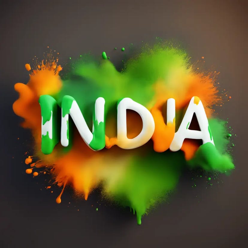 The word "INDIA". one line start to end . Light glowing . Full of texture . This Three colours splash paint orange whit green . Realistic , High details , dark background, creative image , 3d render, typography