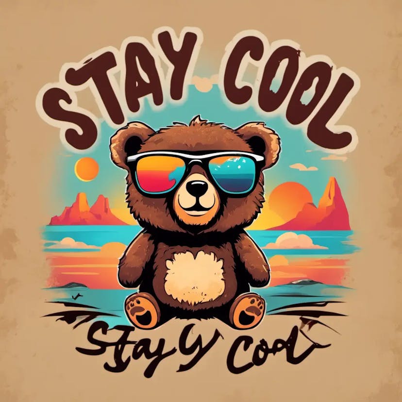 Vector t-shirt design Vintage retro sunset distressed black style design, a cute baby bear wearing sunglasses, with text “STAY COOL”, typography, graffiti, 3d render, 4k, steampunk ⁠text-art-ai⁠