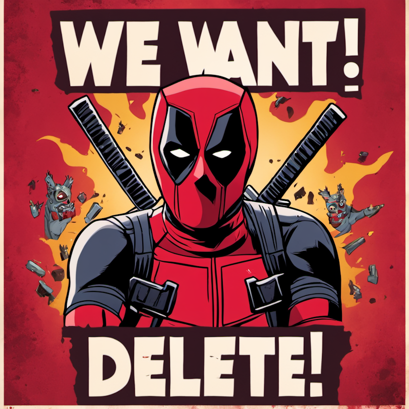 Poster with title "we want delete option!" featuring Deadpool screaming, illustration, dark fantasy, poster, cinematic